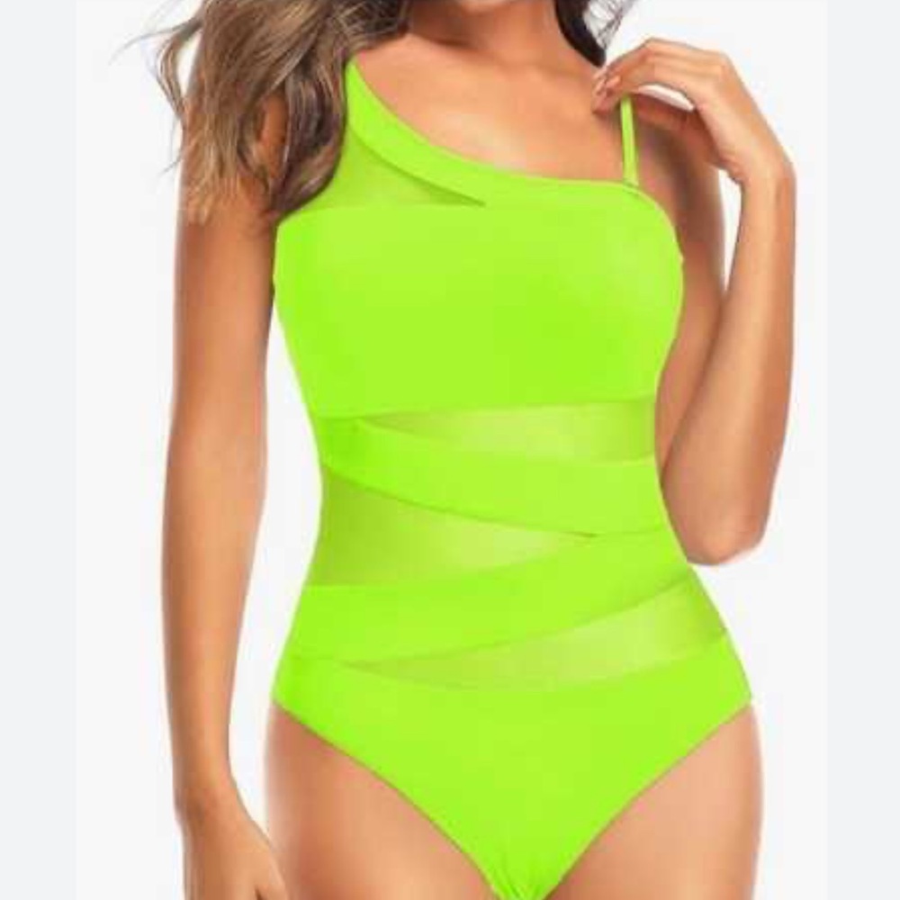 Tempt Me - NWT - Neon Yellow Green One-Shoulder Swimsuit - Picture 3 of 8